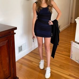 Cheryl Creations black mesh with navy underlay dress. Rusched. Size S. Like new